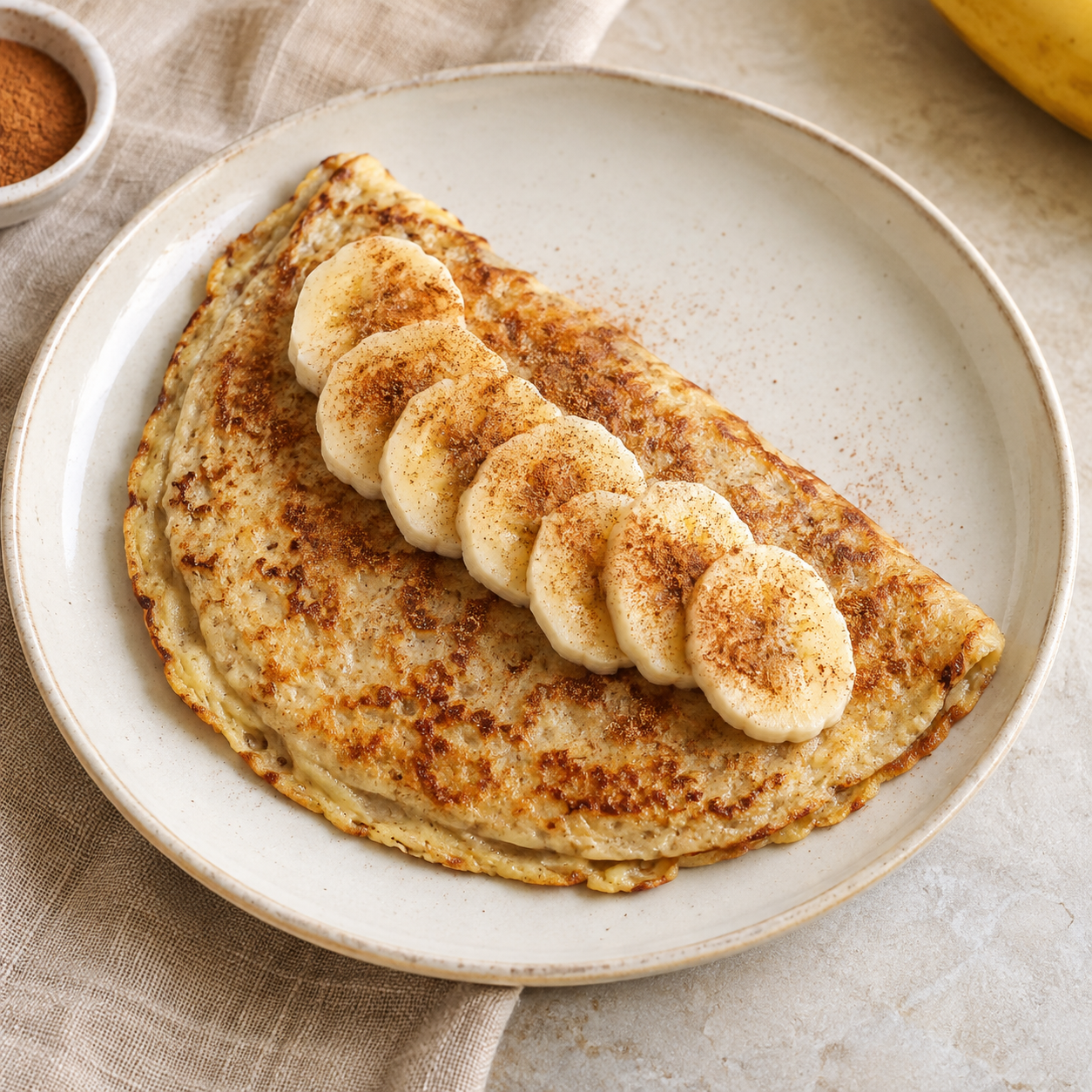 Ilustração de crepioca dourada com banana e canela em um prato